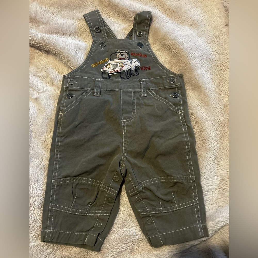Little by Little Vintage Y2K 2000s Baby Overalls 3-6M Green Teddy Bear Driving